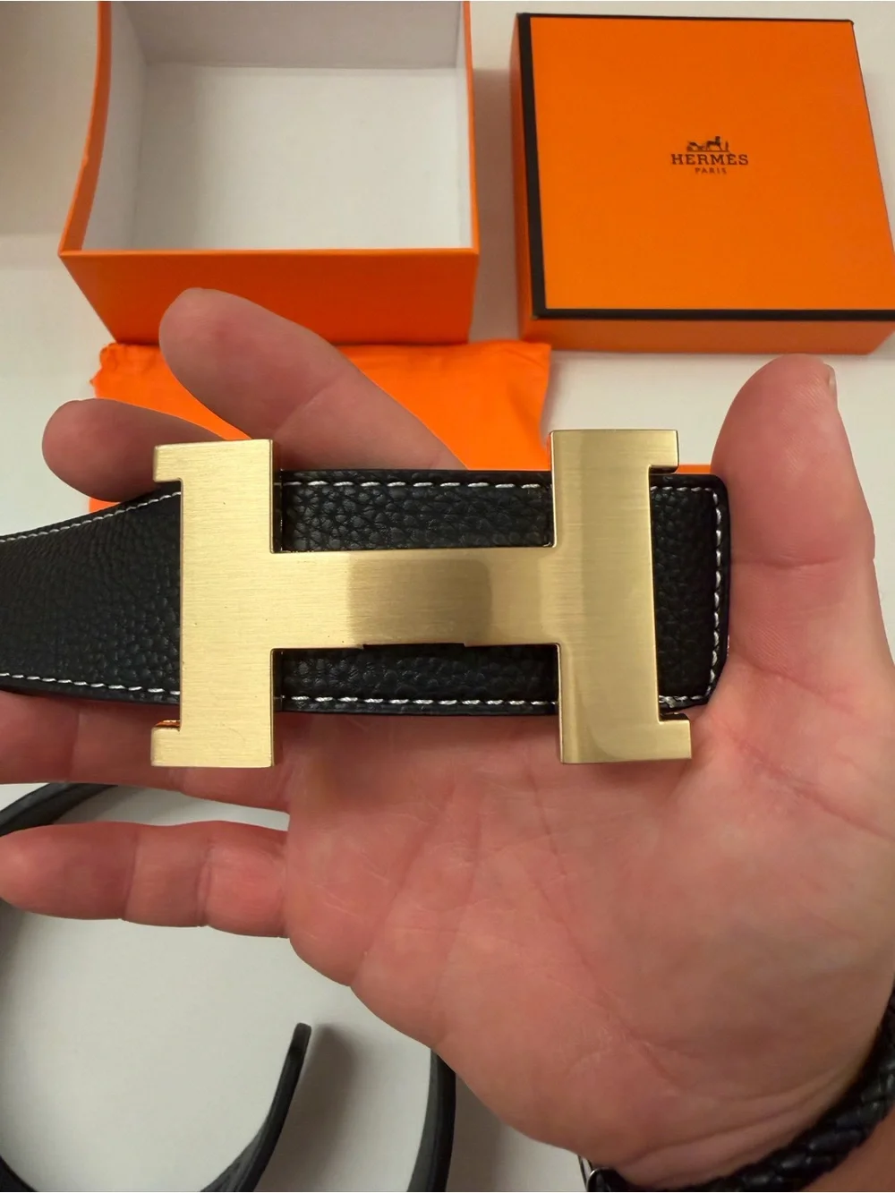 Hermès Black Leather H Buckle Belt Gold Hardware w/ Box